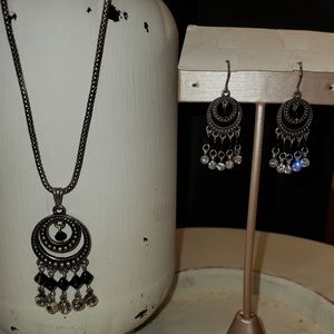 Necklace with matching earrings. Silver tone with rhinestone and black beads